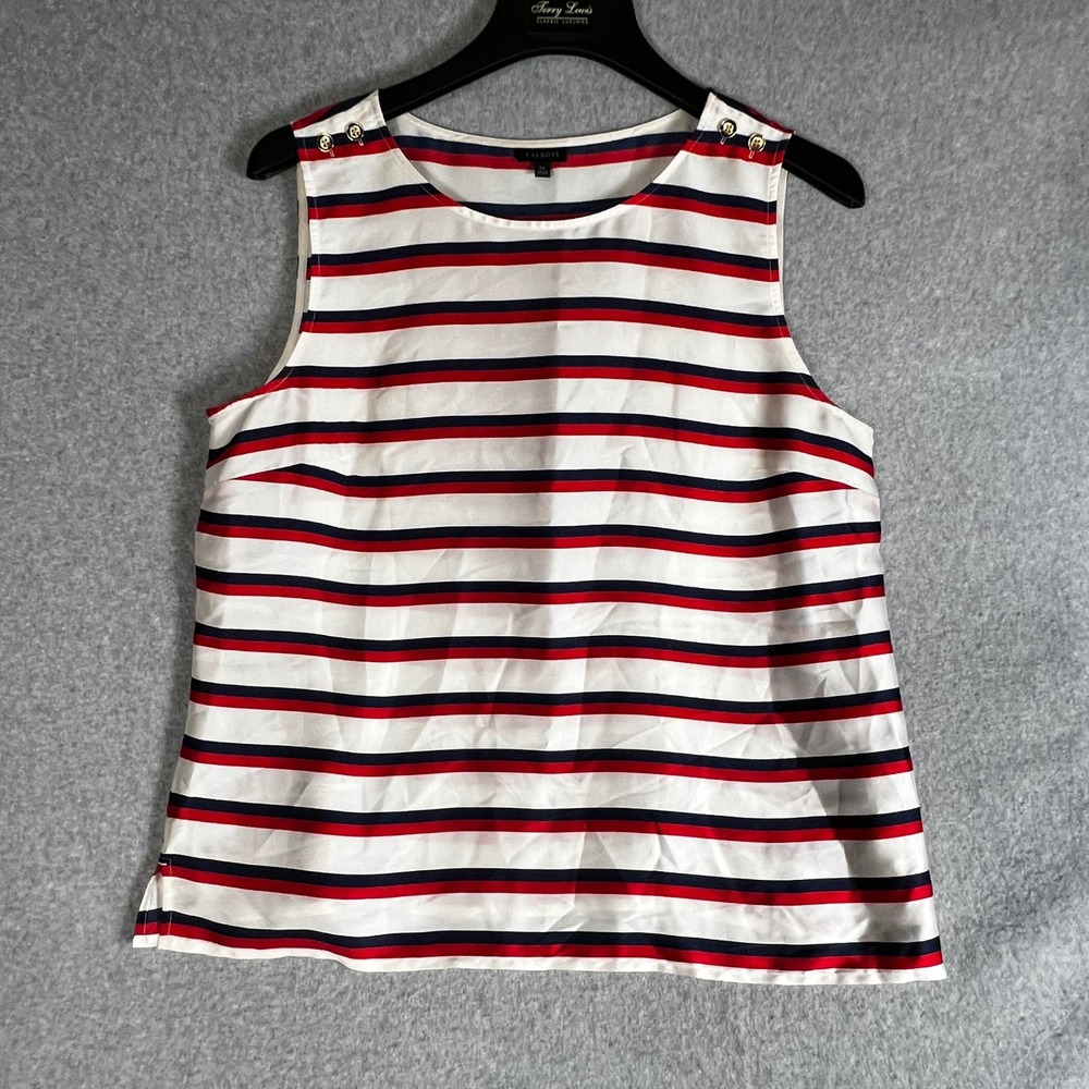 Talbots Striped Sleeveless Blouse Women XL Gold Button Nautical Beahy Summer Zip
